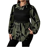 BEAUDRM Women's Plus Size Graphic 2 in 1 Blouses Button Down Long Sleeve Collared Dressy Casual Tops