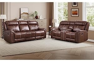 EBELLO Faux Leather Recliner Sofa Set, Includes a Manual Reclining Loveseat and a 3 Seat Couch, Mid-Century Modern 5-Seater Furniture Set with Cup Holders and Storage Space, for Living Room, Brown