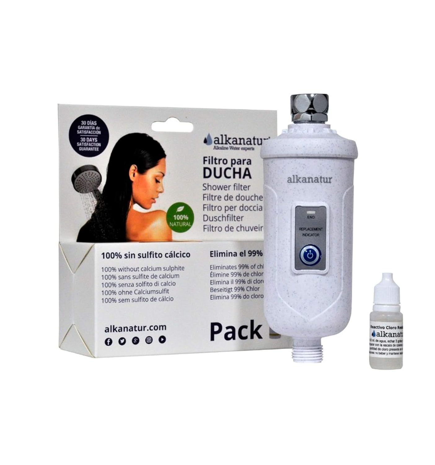 Alkanatur shower filter - the ONLY calcium sulfite-free filter - Removes 99% of impurities, fluorides, lead, calcium, chlorine, chloramine, improves hair, nail and skin - 8,000 gallons