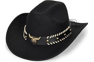 INOGIH Classic Black Western Felt Roll-Up-Brim Cowboy-Hat for Women Men - Bling Cowgirl-Hat Felt Fedora for Disco Parties