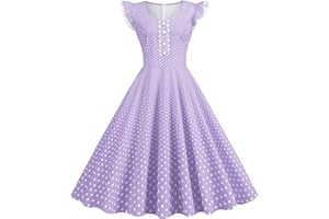 LAWOR Women's Audrey Dresses, Ruffle Cap Sleeve Polka Dot Print Rockabilly Dress Button Down Lace 1950s Dresses Swing Dress