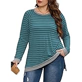 VISLILY Womens-Plus-Size-Sweatshirts Trendy Striped Color Block Tops Casual Raglan Long Sleeve Shirts Side Split Hem Tunics