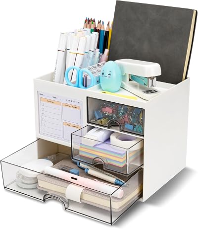 RISEMART Desk Organiser with 3 Drawers White 21x14.5x15.5cm Pen Holder