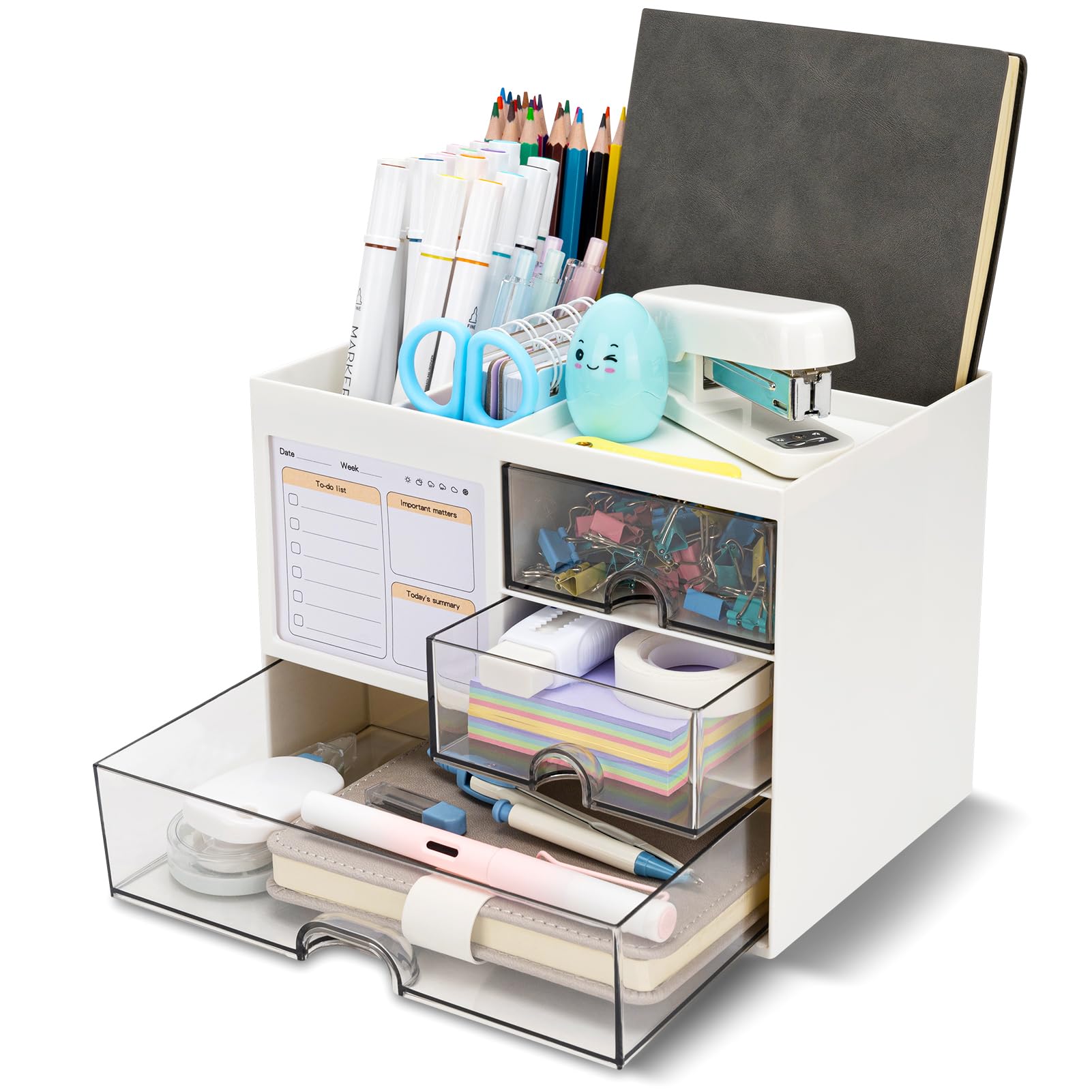 RISEMART Desk Organiser with 3 Drawers, Desk Tidy Organiser with Pen Holder, Large Capacity Desktop Organizer Stationery Storage Box for School Office Home Makeup Desk Supplies (White)