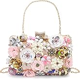 WRINGKIT Flower Clutch Evening Bag, Fancy Floral Evening Bag Purse for Woman, Colorful Embroidery Beaded Clutch with 2 Chain Straps, Bride Wedding Handbag Crossbody Shoulder Bag