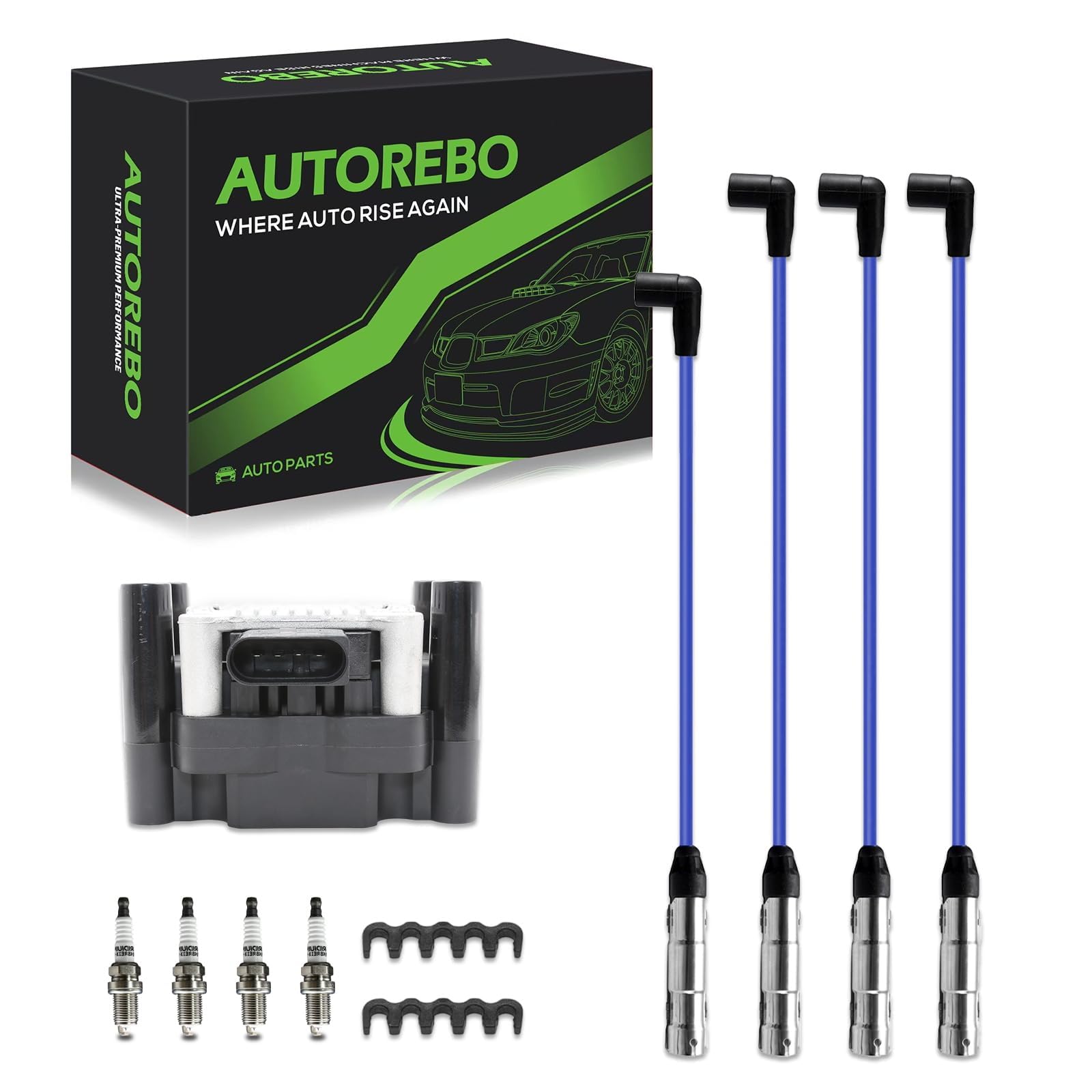 Photo 1 of Set of 1 Ignition Coils Pack UF277 673-9100 with 4 Iridium Spark Plugs and Spark plug Wire Set Compatible with Volkswagen Jetta Golf Beetle L4 2.0L # 032905106E GN10018 032905106F 032905106B