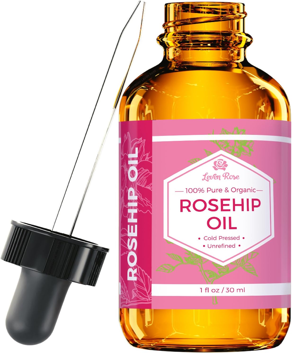 Rosehip Seed Oil by Leven Rose, 100% Pure Unrefined Cold Pressed Anti Aging Rose Hip Moisturizer for Hair Skin & Nails, 1 Fl. Ozโฆ