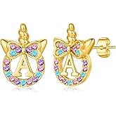 MONOOC Unicorn Gifts for Kids Girls - Unicorn Earrings for Girls Gifts, S925 Sterling Silver Post Hypoallergenic Initial Earring CZ Unicorns Stud Earrings Birthday Gift for Girl Kids Jewelry