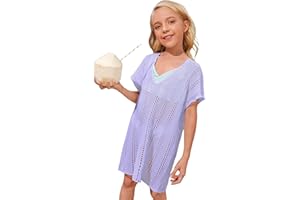 Milumia Girl's Crochet Coverup Cut Out V Neck Short Sleeve Sheer Swimsuit Cover Ups