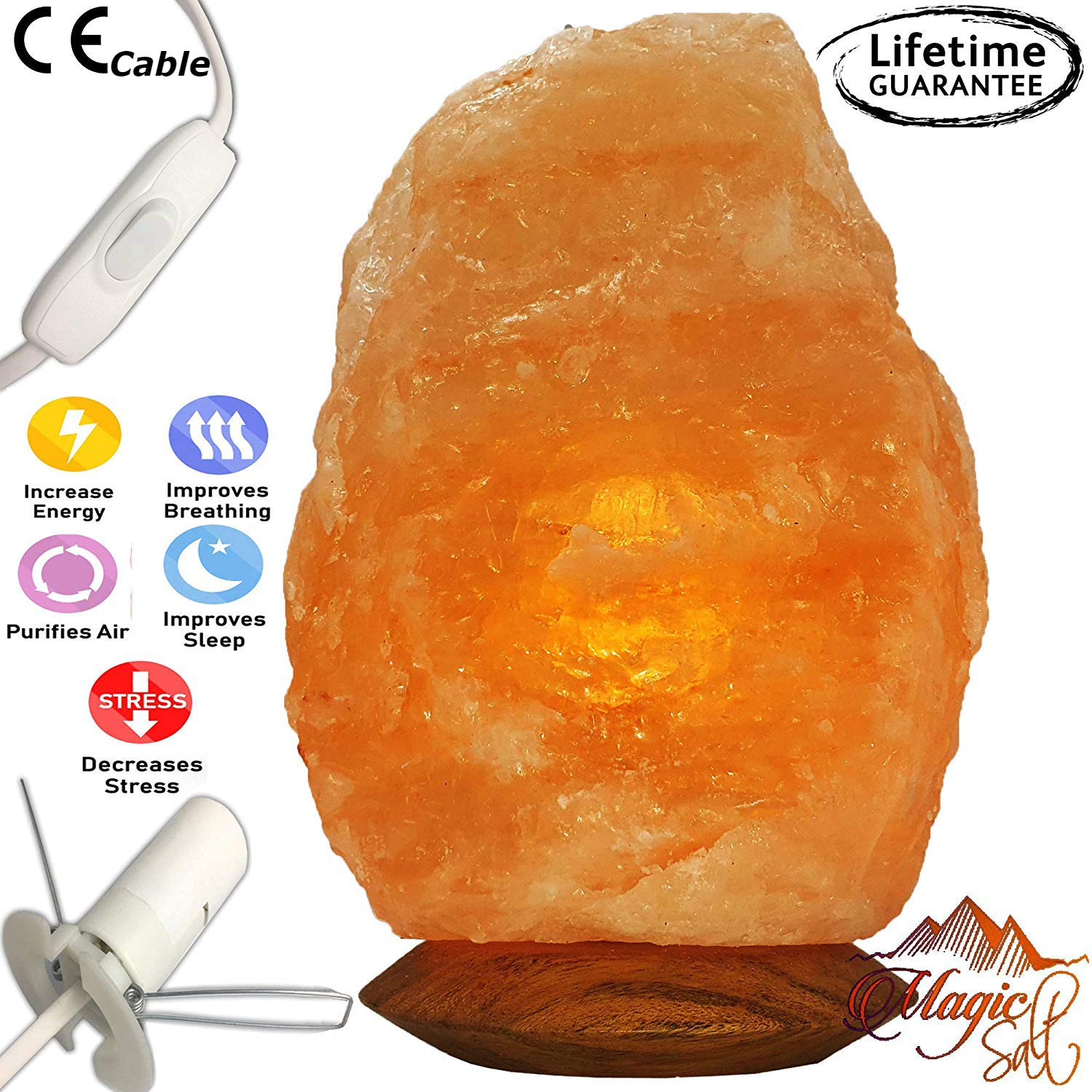 100% PREMIUM QUALITY NATURAL PINK HIMALAYAN CRYSTAL ROCK SALT LAMP WITH CE CERTIFIED ELECTRIC FITTING ACCORDING TO UK STANDARD BY MAGIC SALT (Natural 3-5 Kg, Button Cable on/off)