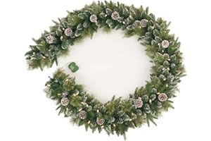AMERZEST Christmas Garland Pre-lit 9 Ft with 50 Led Lights, Battery Operated Fireplace Stairs Mantle Door Indoor Outdoor, Decorated Pine Cone and Snow Style
