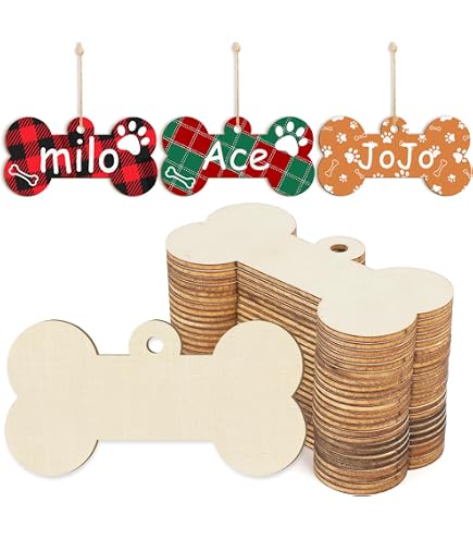 36 Pcs Christmas Dog Bone & Paw Wood Cutouts - DIY Ornaments, Gift Tags, Craft Embellishments With Plaid Bows 9 thumbnail image