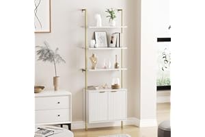 HALITAA 3 Tier White & Gold Ladder Shelf with Storage Cabinet, Modern Ladder Bookshelf with Doors, Wall Mount Bookcase with Metal Frame, Display Shelves for Living Room, Bedroom, Bathroom, Home Office