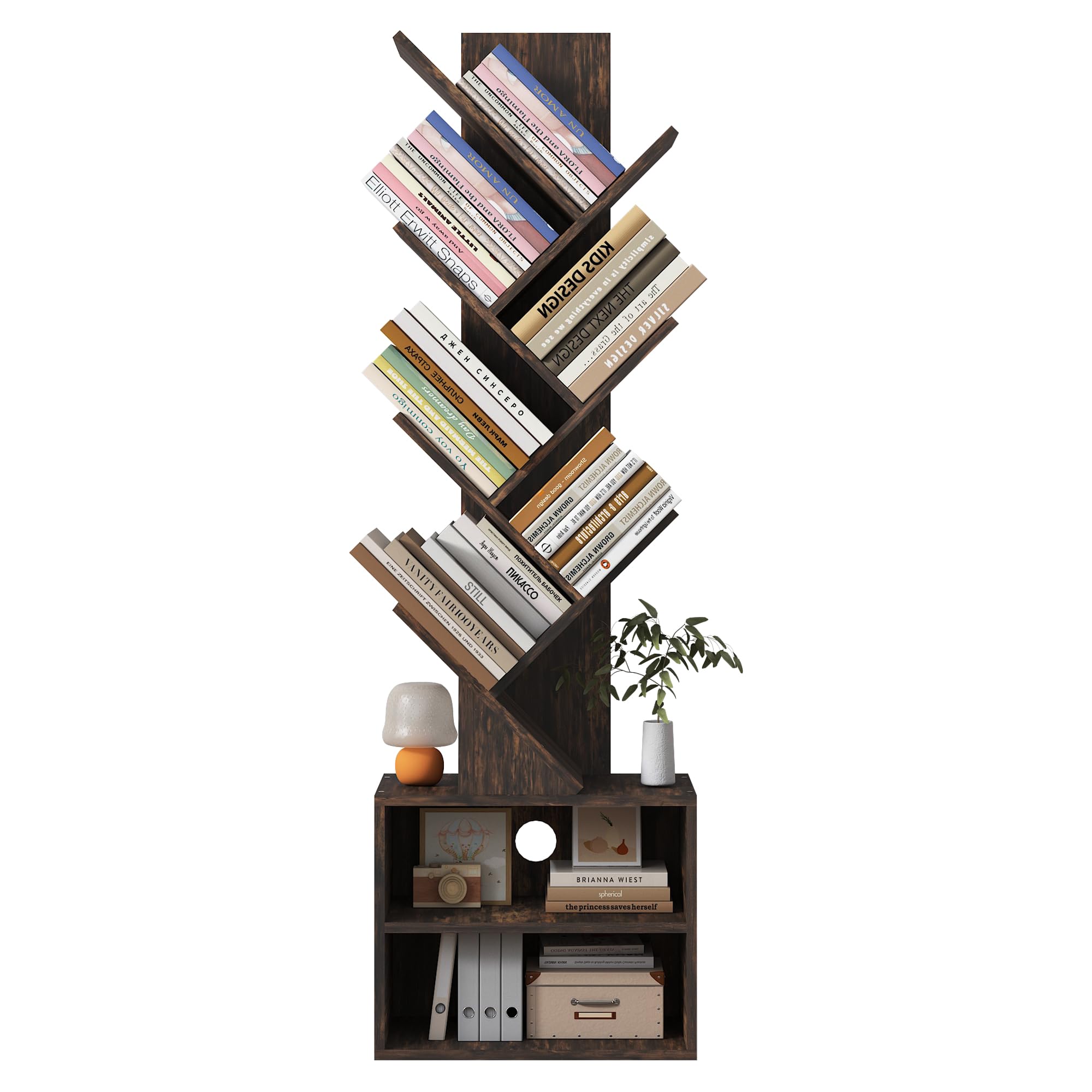 Photo 1 of Azaeahom 6 Tier Tree Bookshelf, Wood Bookcase with Storage Cabinet, Modern Tall Narrow Bookshelves Organizer, Floor Standing Book Shelf for Bedroom/Living Room/Home Office/Corner(Brown, 6 Tier)