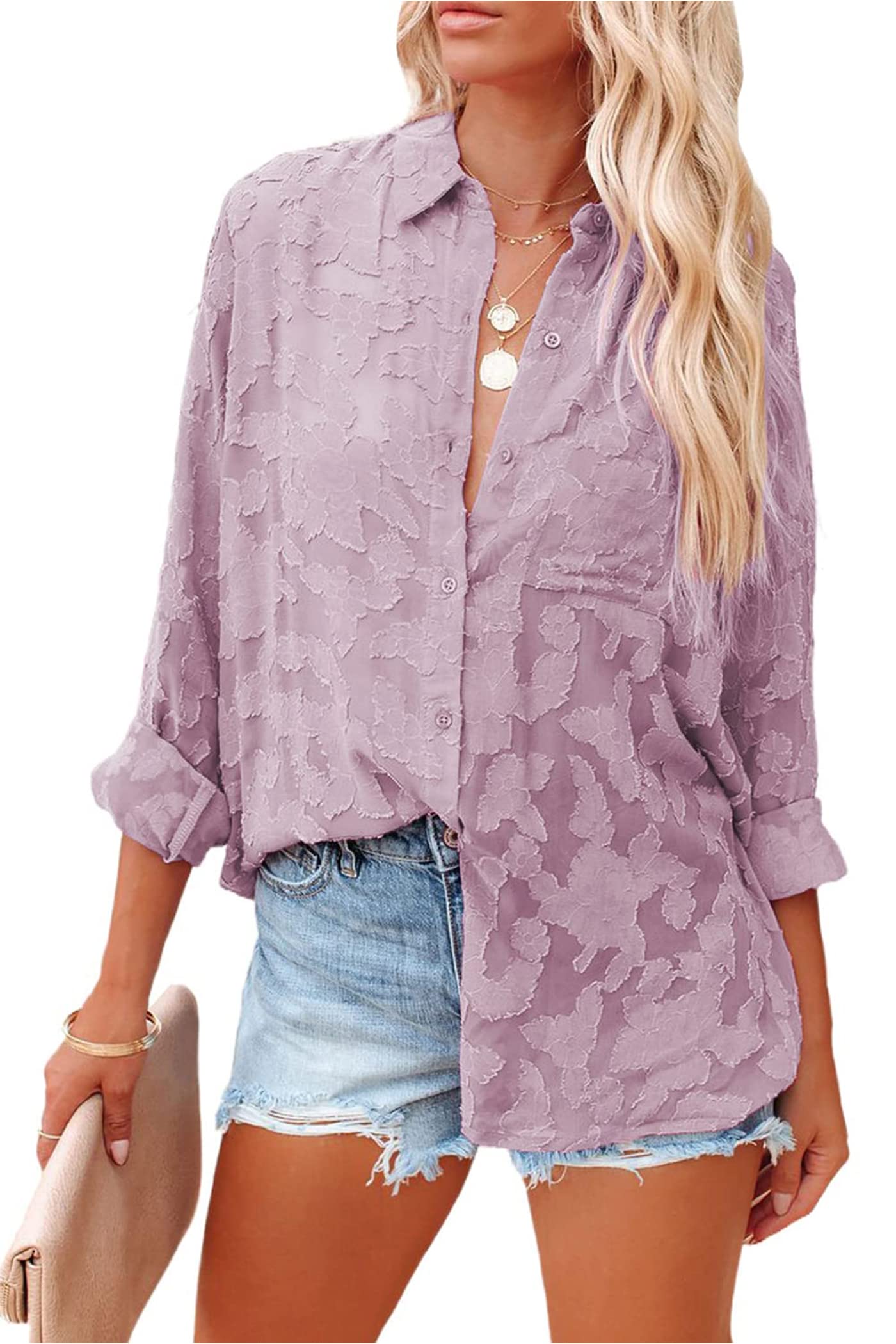 Photo 1 of PRETTYGARDEN Women's Chiffon Blouse Solid Color Long Sleeve Button Down Elegant Jacquard Shirts Tops(Purple,X-Large)