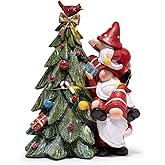 Hodao Christmas Tree Figurine Decorations — Lighted Hand-Painted Resin Gnomes Climbing with Cardinal, Tabletop Decor for Family or Friends | Mantel, Shelf, Living Room Display