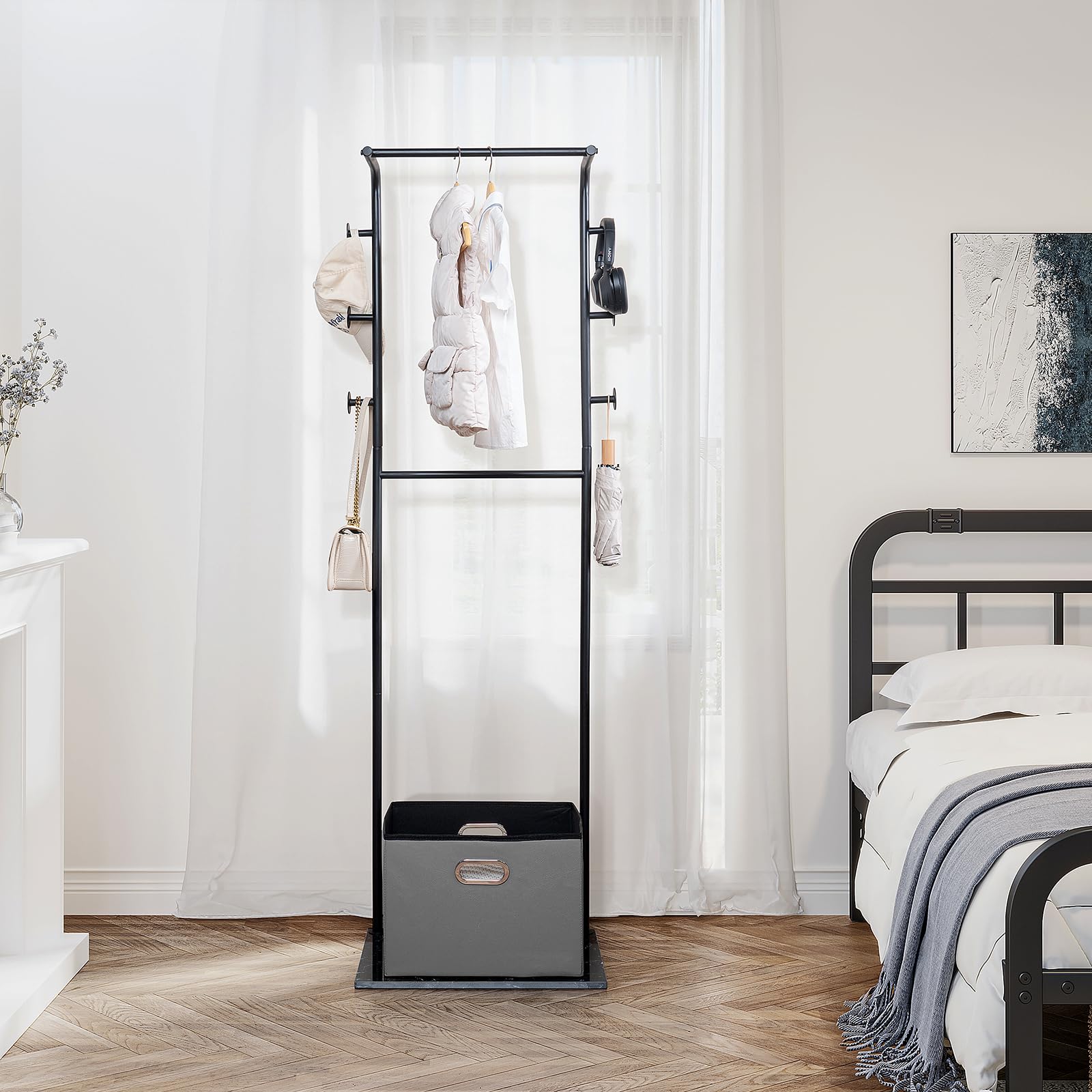 Photo 1 of ***FACTORY SEALED***
JIAYUEJU Heavy Duty Clothes Rack with Basket & Marble Base, Clothing Rack for Hanging Clothes, Coat Rack Freestanding for Entryway Bedroom Living Room Hotel 19.69 x 13.39 x 67.72 Inches (Black)