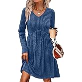 OFEEFAN Long Sleeve Sweater Dress Fall Dresses 2025 V Neck Empire Waist Baby Doll Dresses Women Casual Dress with Pockets