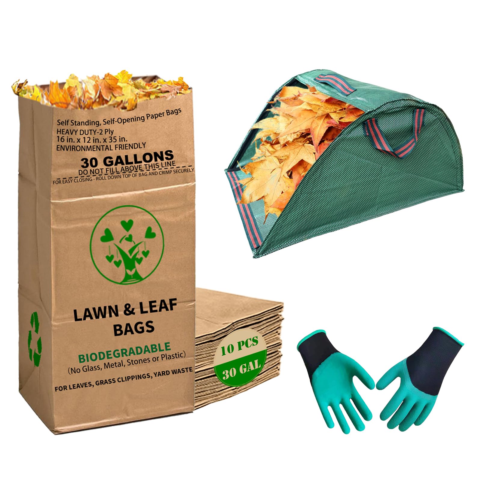 Photo 1 of AimGrowth 30 Gallon Heavy Duty Brown Paper Lawn Leaf Bags with Leaf Collector Leaf Loader 2-Ply Heavy Duty Large Kraft Paper Bags (10 Count) | Tear Resistant Yard Waste Bag for Home and Garden