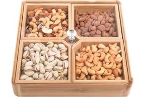 WUWEOT Bamboo Appetizer Serving Tray, Party Nut and Candy Platter Veggie Dish, Candy Bowl with Acrylic Lid & Removable Divide