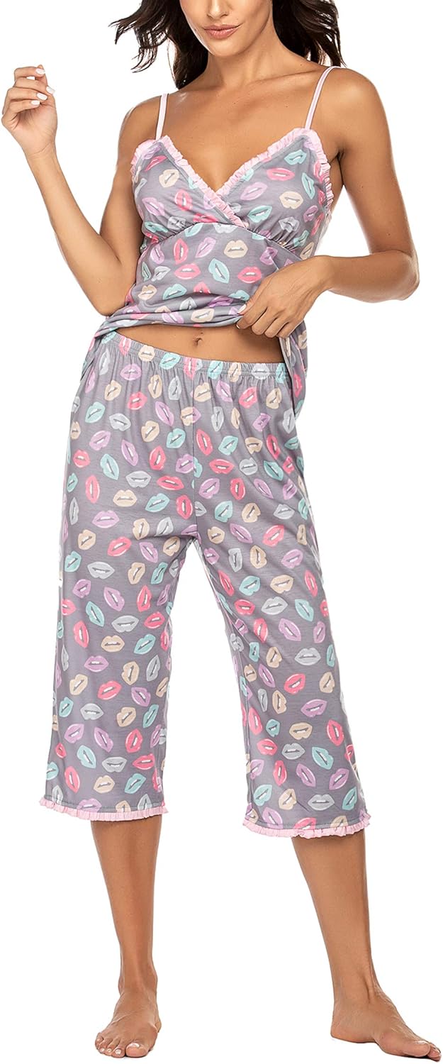 Hotouch Womens Pajamas Set VNeck Printed Cami Top and Capris Pants