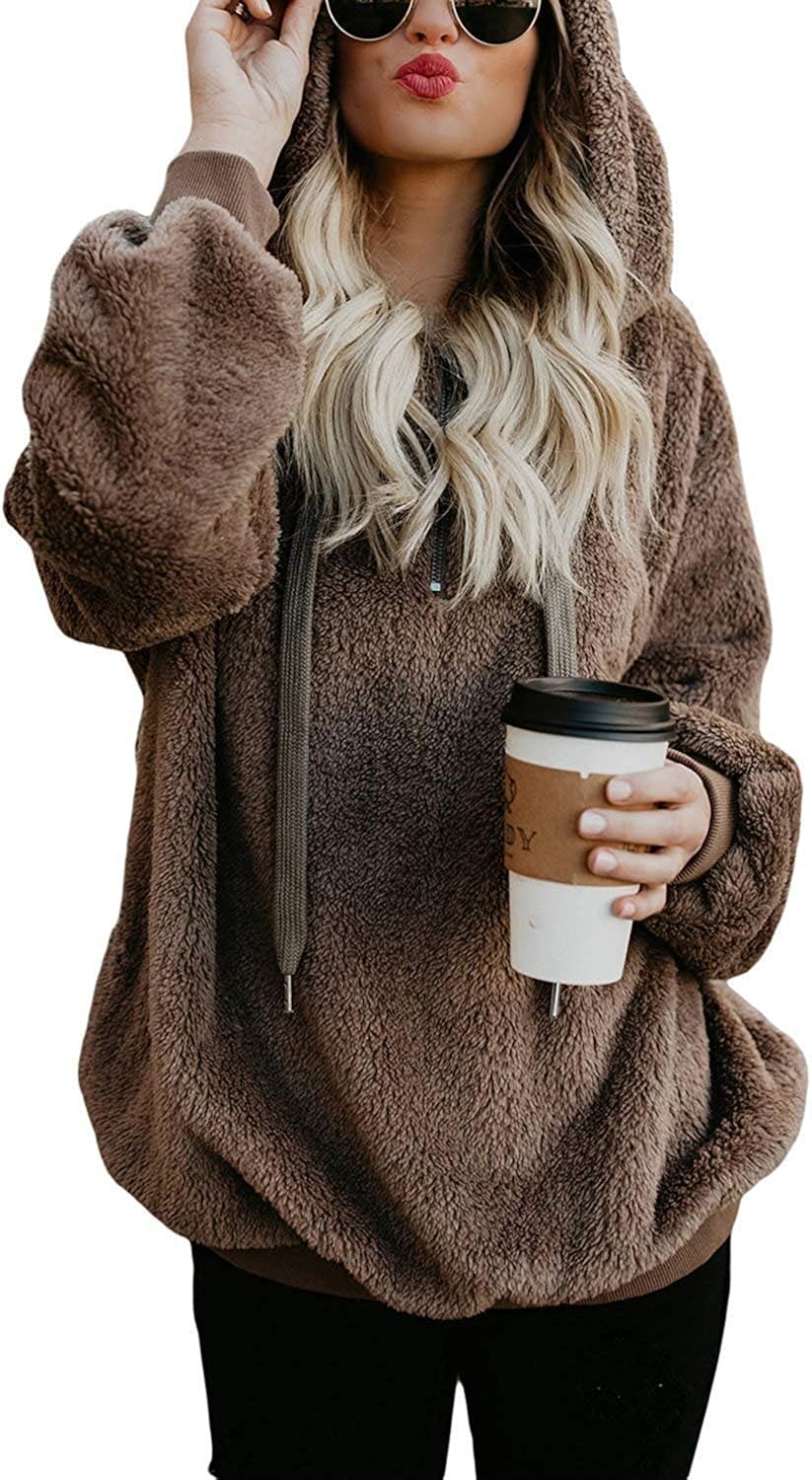 ReachMe Womens Oversized Sherpa Pullover Hoodie with Pockets Fuzzy Fleece Sweatshirt Fluffy Coat: Clothing