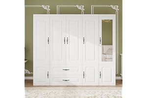 Keloyid 5-Door Armoire Wardrobe Closet with 2 Drawers Modern Wardrobe Closet Mirror Spacious Storage Cabinet with 3 Hanging Rods & Shelves Tall Wardrobe Closet for Bedroom White