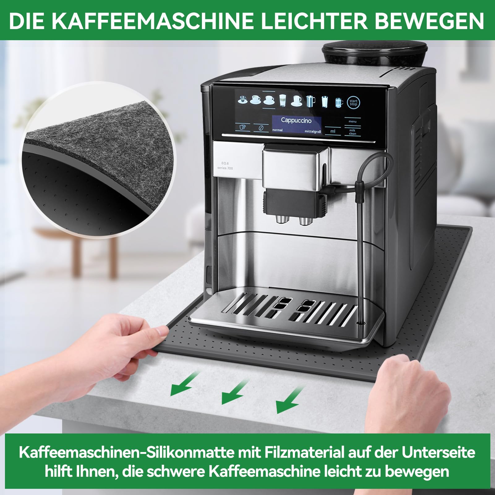Inwee Unterlage für Kaffeemaschine, Silikonmatte für Kaffeevollautomat mit Rand, 48x30cm kompatibel mit De Longhi Magnifica, Philips LatteGo, Siemens EQ6, leicht zu verschieben (Grau) 3