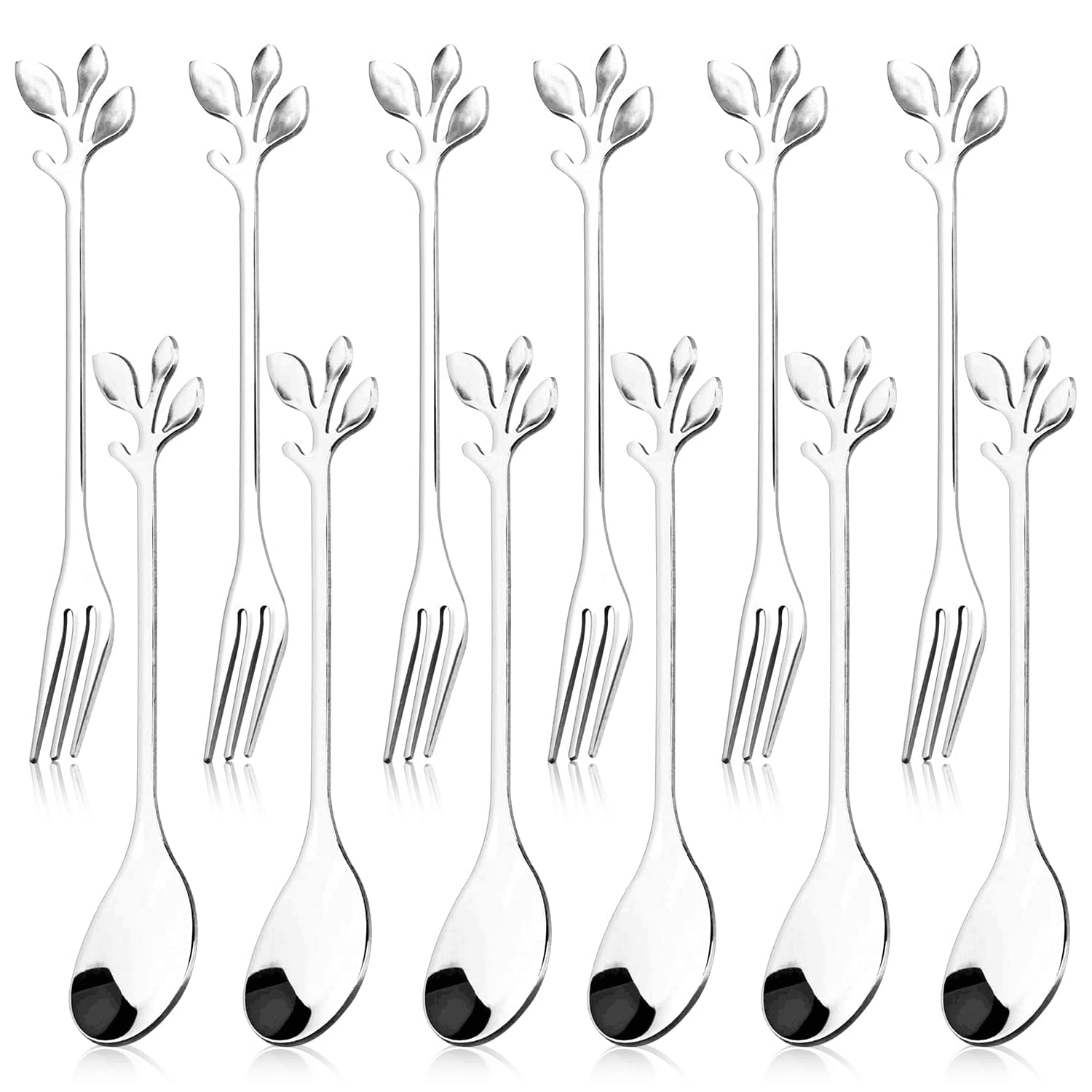 Photo 1 of 12pcs Stainless Steel Gold Leaf Coffee Spoon and Cake Fruit Forks Kitchen Accessory Wedding Party for Dessert, Salad, Appetizer, Spoon and Fork Set(6 Forks + 6 Spoons) (Silver)