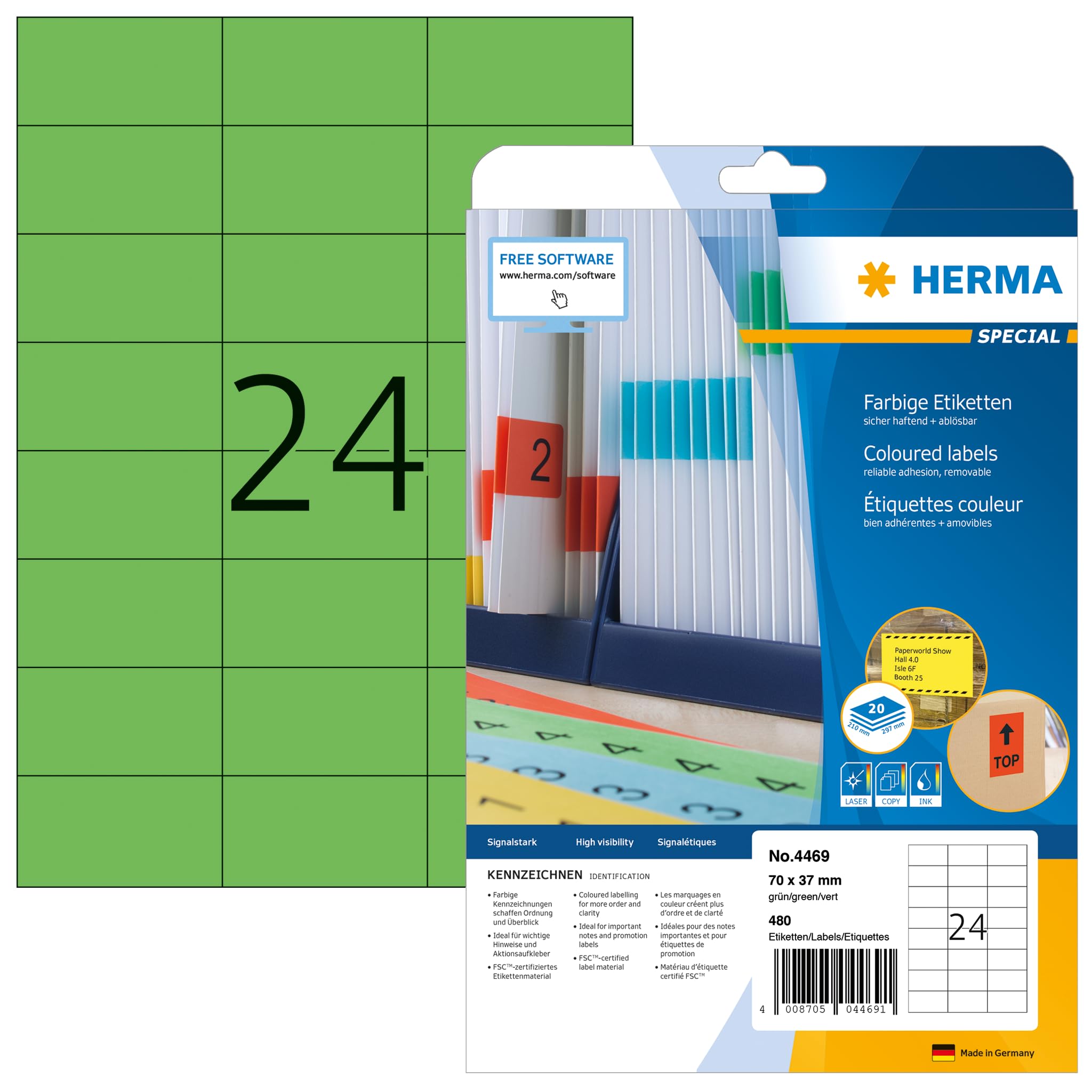 HERMA Self Adhesive Coloured Labels, 480 Labels, A4 Sheets, 70 x 37 mm, Green