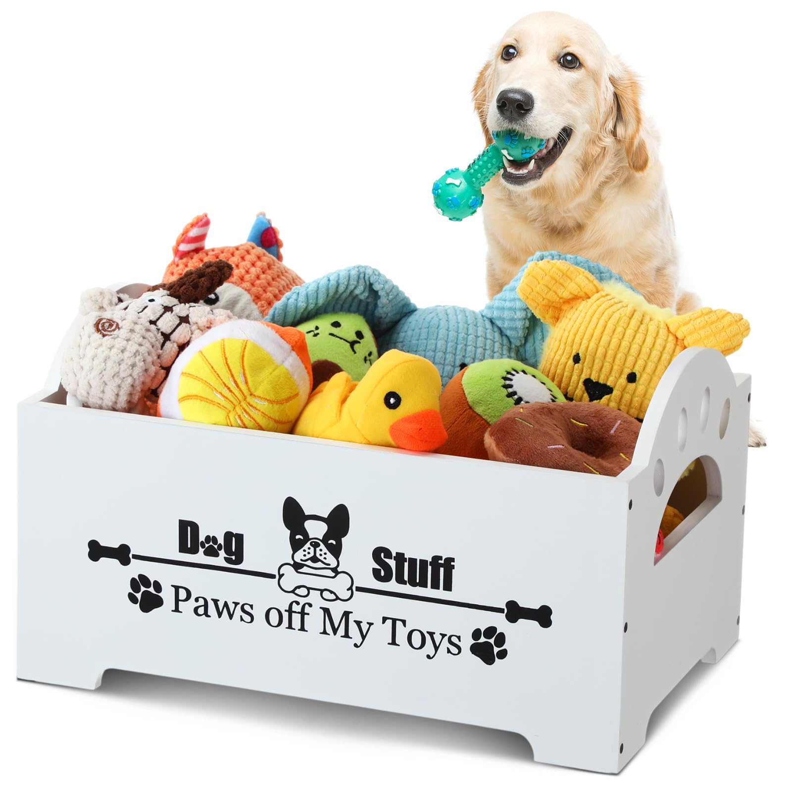 Photo 1 of Marsui Wooden Dog Toy Bin Basket with Handle 14x9x8 Inches Large Dog Stuff Storage Box Cute Pet Stuff Organizer for Chew, Blankets, Leashes, Food Gift for Living Room Area(White)