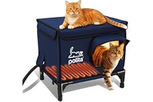 POLITA Rugged Heated Cat House for Outdoor Cats in Winter, Extremely Insulated & 100% Weatherproof, Elevated Feral Cat Shelter with Waterproof Eaves & Safe Escape Door for Stray & Barn Cats​​