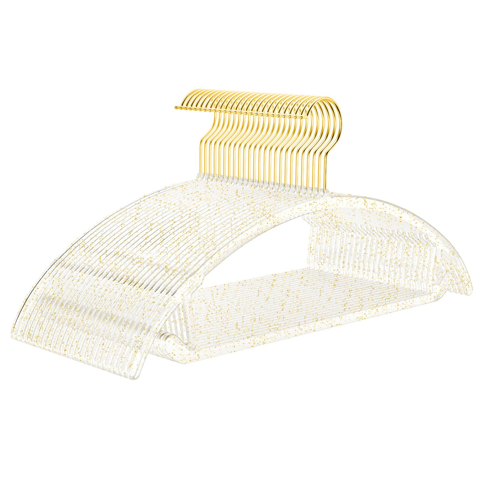 MIZGI Premium Clear Hangers with Gold Glitter (50-Pack) - Heavy-Duty Acrylic Suit Hangers with Gold Hooks - No Shoulder Bump Space Saving Clothes Hangers for Jackets, Coats, Dresses Image