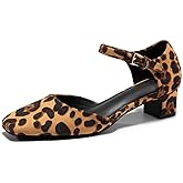 Coutgo Womens Chunky Low Heels Dress Shoes Ankle Buckle Strap Square Toe D'Orsay Pumps Work Party Shoes