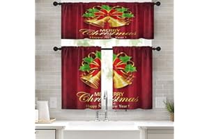 Emvency Merry Christmas Kitchen Curtains Red Bell Window Curtains and Valances Set 36 Inch, Happy New Year Short Tier Curtain for Kitchen, Small Kitchen Decor