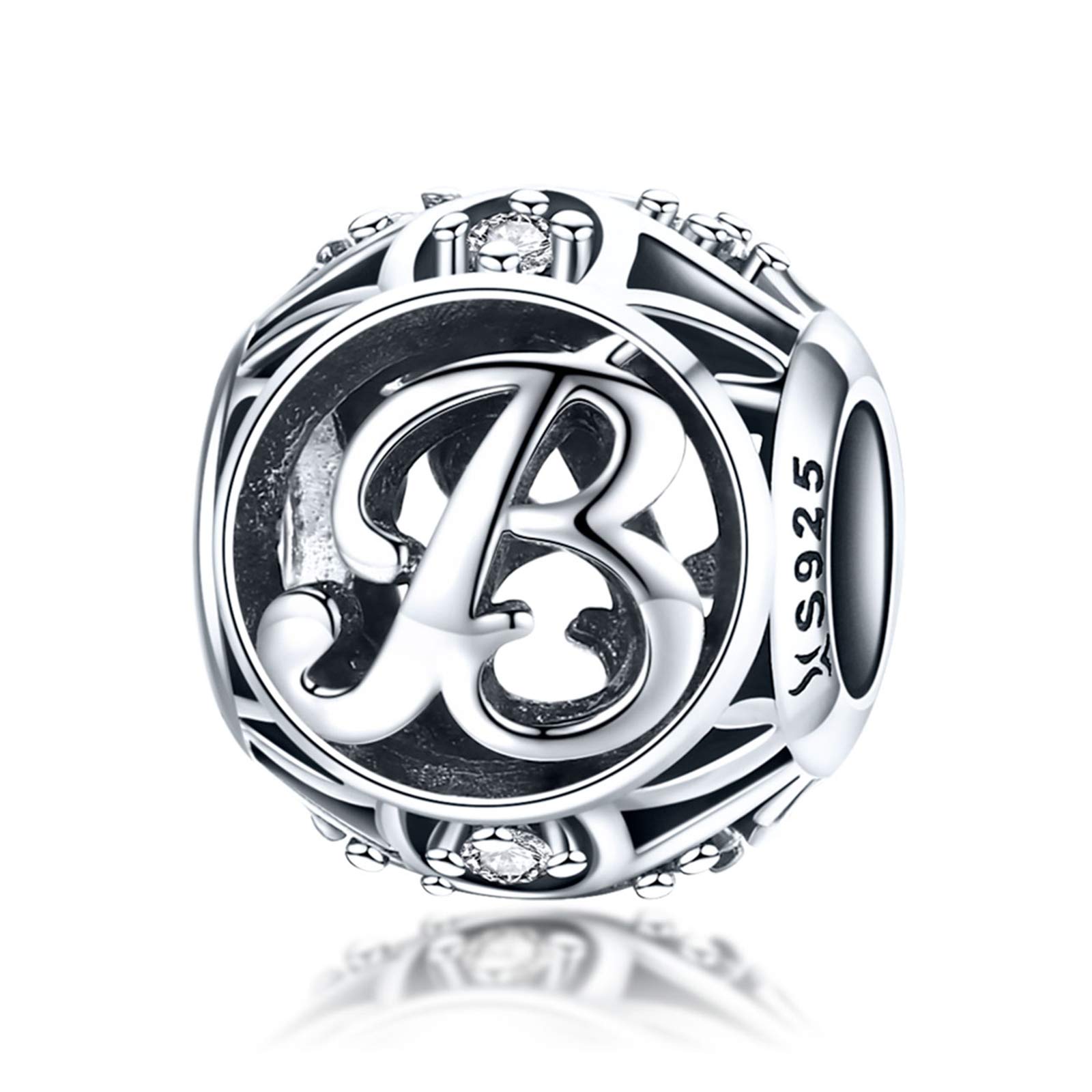 LaMenars Letter Dangle Bead Charms Initial Alphabet A-Z 925 Sterling Silver Zirconia fits European Charm Bracelets & Necklaces