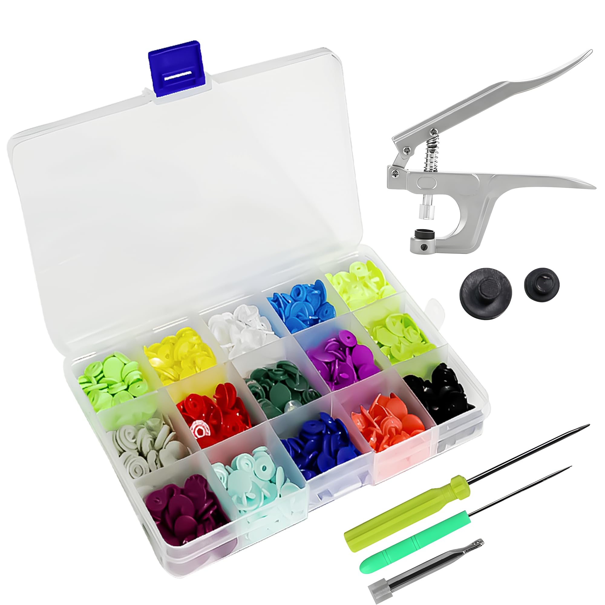 Trimming Shop 150 Sets Plastic Snaps Set with Snap Press Pliers, T3 No-Sew KAM Snap Starter Kit 15 Colors Poppers DIY Studs with Clear Storage Box for Woollen Clothing Kid Wear Fabrics Nappies Bibs
