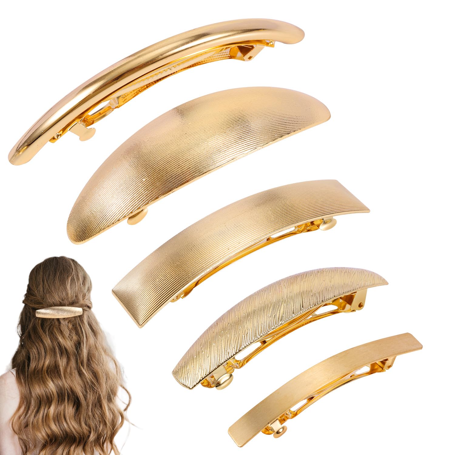 5pcs Gold French Hair Barrettes, Large French Hair Barrettes for Women, Retro Oval Hair Barrette, Women Snap Bun Barrettes, Metal French Ponytail Clip for Thick Long Hair