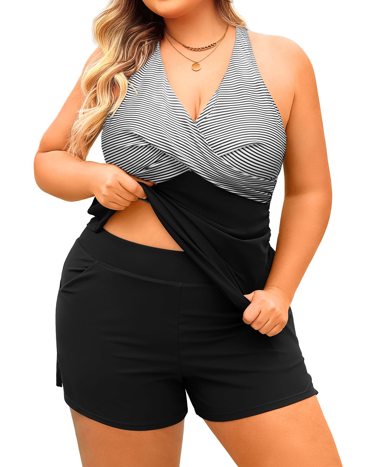 Photo 1 of Plus Size Tankini Swimsuit for Women - Two Piece Tummy Control Bathing Suit Tankini Top with Two Pockets Shorts Black Striped 16 Plus