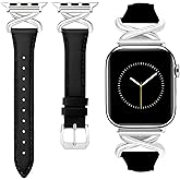 Leather Bands Women Compatible with Apple Watch 40mm 38mm 44mm 45mm 41mm 42mm 46mm 49mm Dressy Slim Strap With Designer X-Shaped Metal Crown for iWatch Series Ultra/SE/10/9/8/7/6/5/4/3/2/1 Black