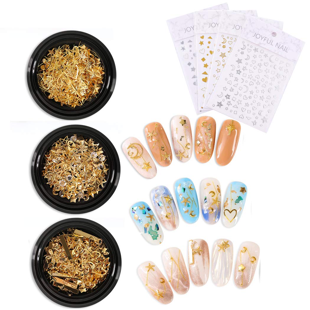 SIPLIV Metal Nail Art Rivet Stripe Heart Hollow Out Star Moon Floral Plants Rivet Nail Art DIY Decoration (3 Boxes) with A Nail Art Star Moon Stickers (4 Pcs) - Gold — image 1
