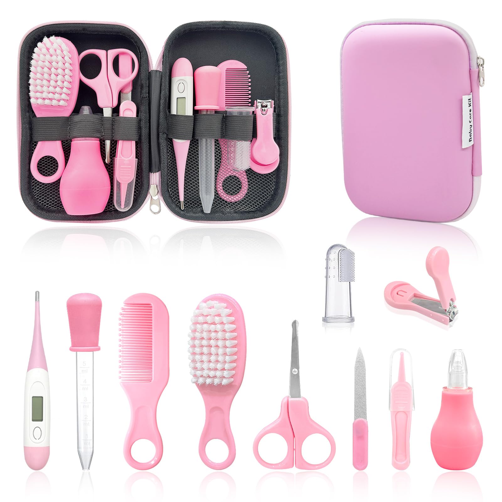 PCKOBEVER 10 Pcs 10-in-1 Baby Healthcare and Grooming Kit, Baby Grooming Kit Newborn, Baby Essentials for Newborn, Portable Baby Safety Care Set (Pink)