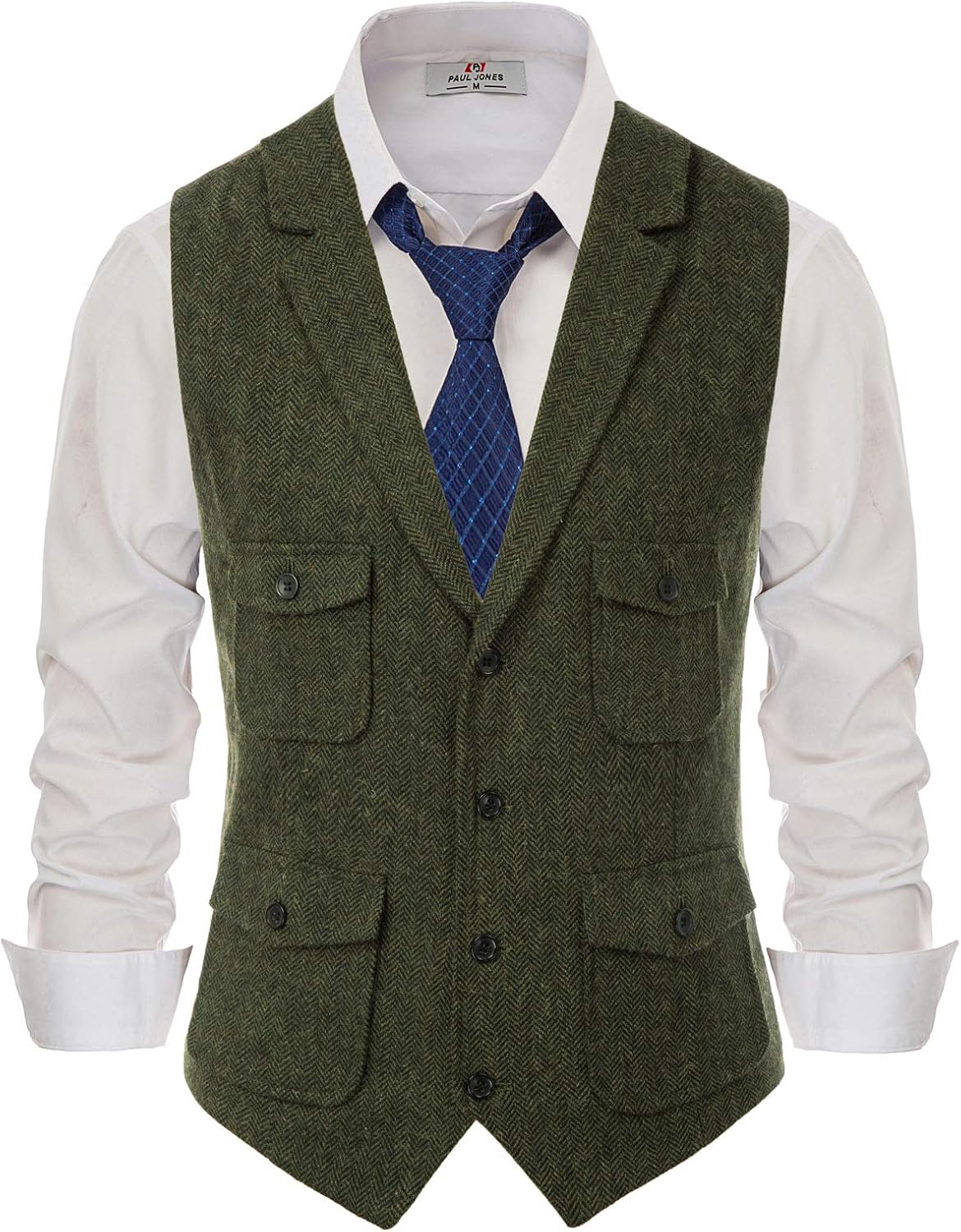 PJ PAUL JONES Mens Herringbone Tailored Collar Waistcoat Wool Tweed