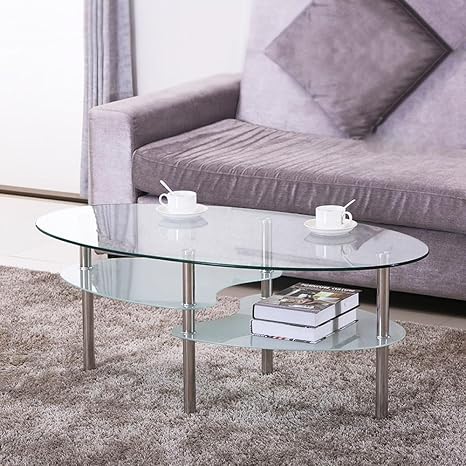 Go2buy Oval Glass Coffee Table For Living Room Furniture Round Glass Top Chrome Finish Metal Legs Clear