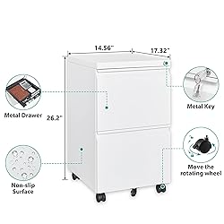 SISESOL 2 Drawer File Cabinet with Lock,Rolling