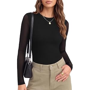 Ekouaer Womens Mesh Long Sleeve Tops Crew Neck Fall Slim Fit Fashion Shirts | Floral Pattern, Slim Fit, Sheer Tulle, See Thou