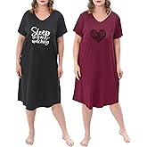 FEREMO 2 Pack Plus Size Nightgown for Women Casual V Neck Nightshirts Print Short Sleeve Sleepwear