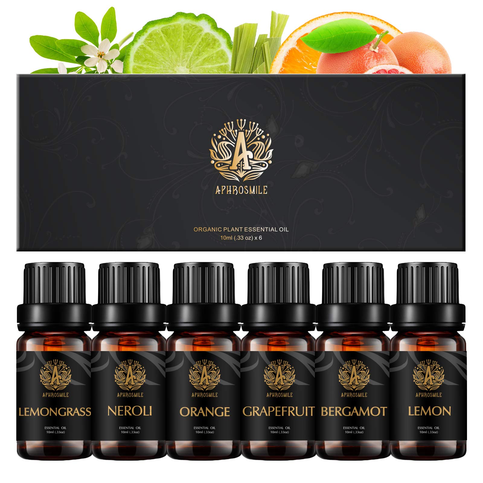 100% Pure Lemon Essential Oil Set for Diffuser, Therapeutic Grade Orange Essential Oils Set for Massage, 6x10ml Aromatherapy Lemongrass Oils Set - Grapefruit, Bergamot, Neroli Oils for Home