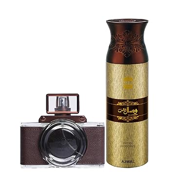 Maryaj Zoom Pour Homme Eau De Parfum Spicy Woody Perfume 100ml for Men and Ajmal Wisal Dhahab Deodorant Fruity Floral Fragrance 200ml for Men + 2 Parfum Testers FREE