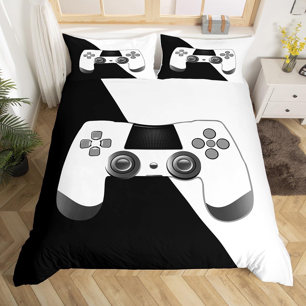 Loussiesd Games Duvet Cover Set Gamer Video Game Comforter Cover Set for Teens Boys Kids Black White Gaming Bedding Set Soft Console Game Controller Bedding with 1 Pillocase(Quilt,Bedspread,Single)